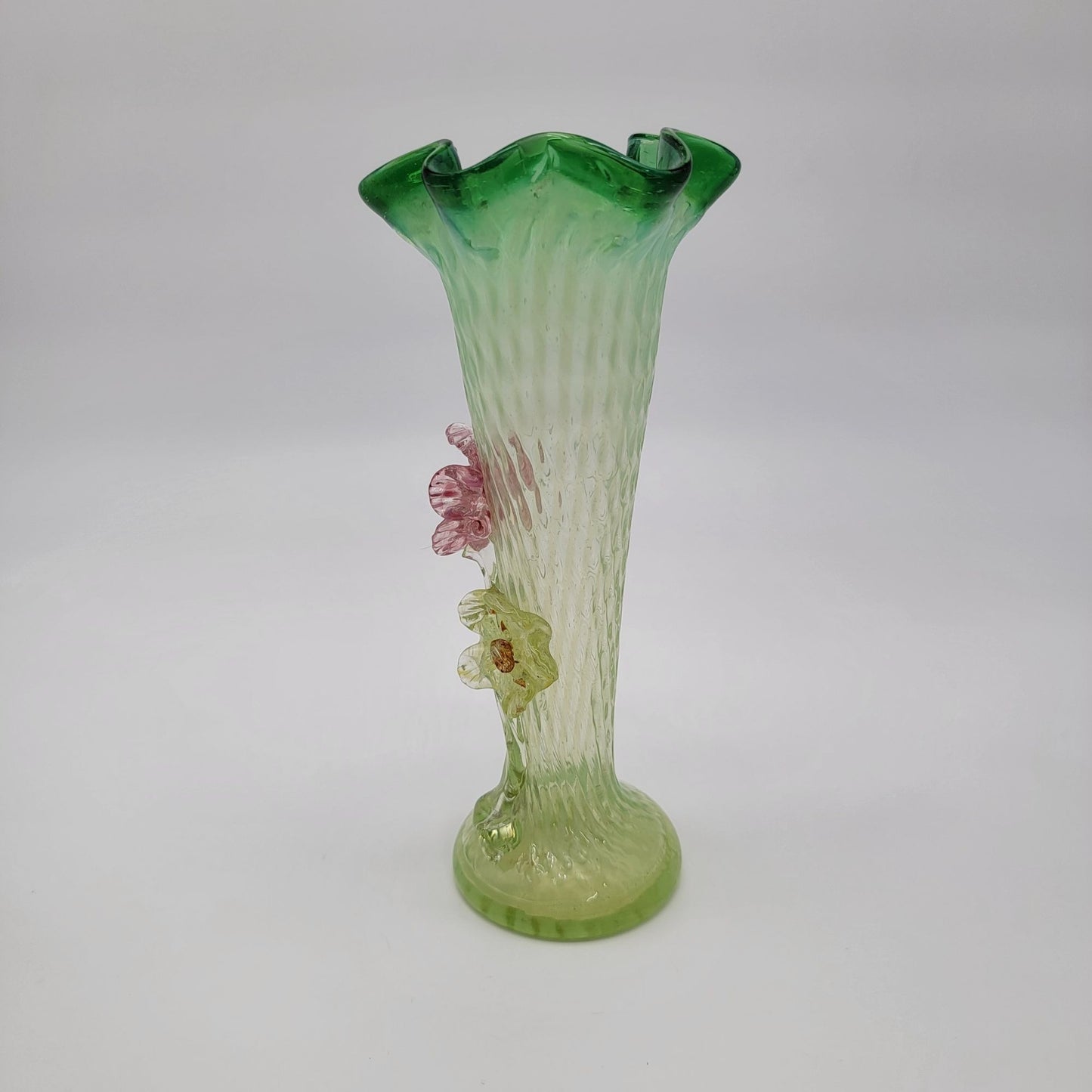 Antique Bohemian Art Glass Vase With Applied Flowers Victorian Era