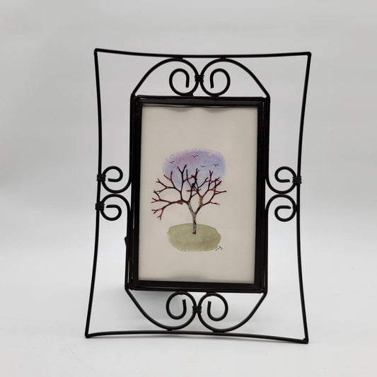 Vintage Signed Watercolor Tree Painting In Wrought Iron Scrollwork Frame