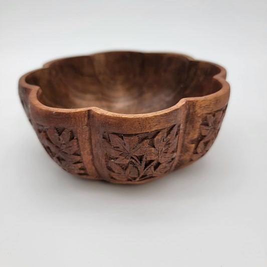 Hand-Carved Wooden Bowl With Leaf Design