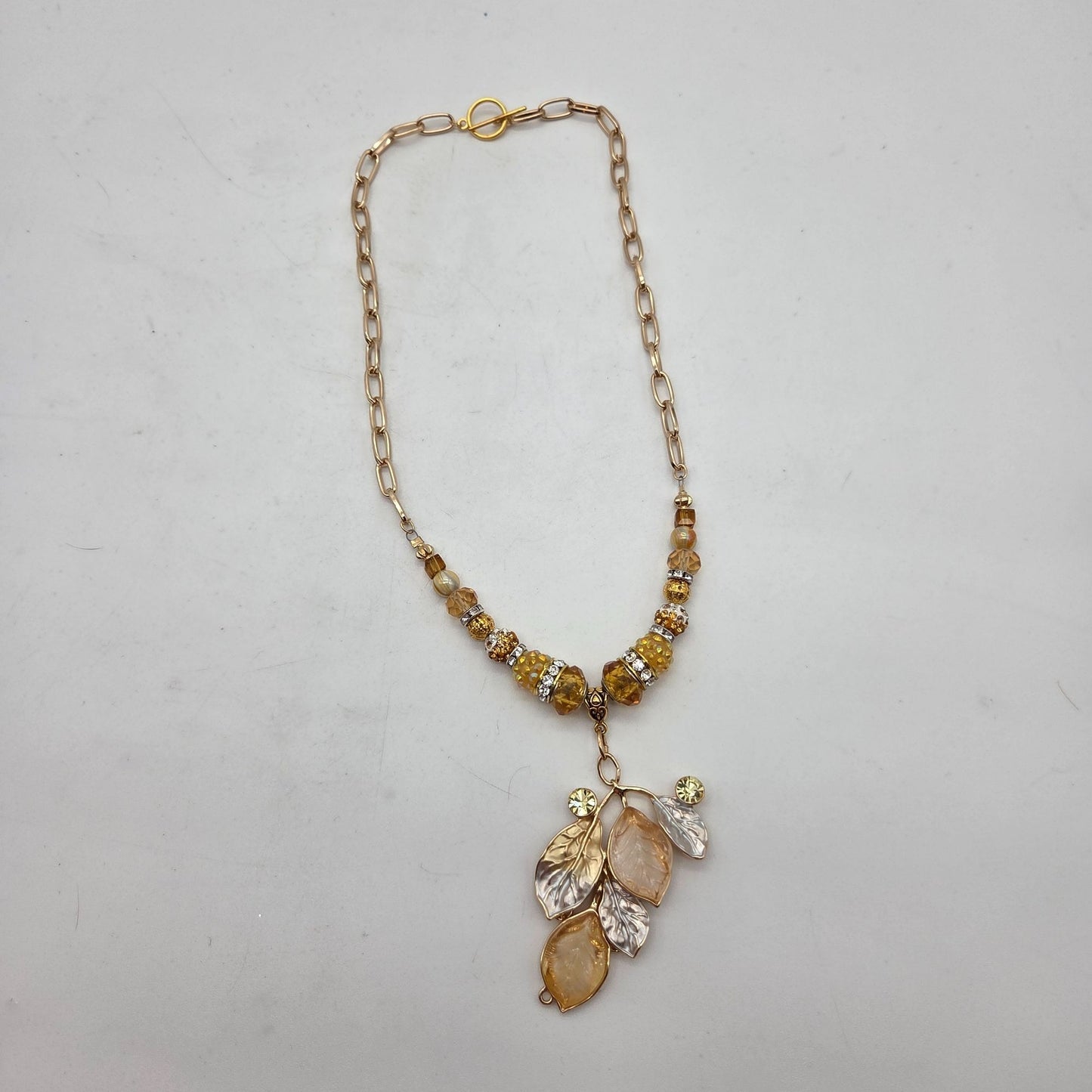 OOAK Handmade Art Glass Leaf Pendant Crystals Glass Beaded Necklace