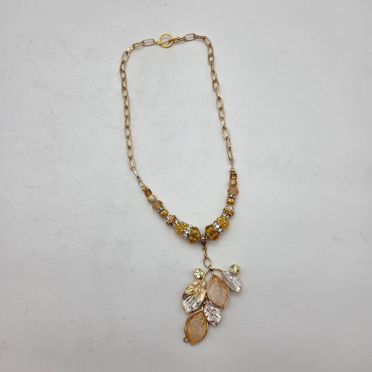 OOAK Handmade Art Glass Leaf Pendant Crystals Glass Beaded Necklace
