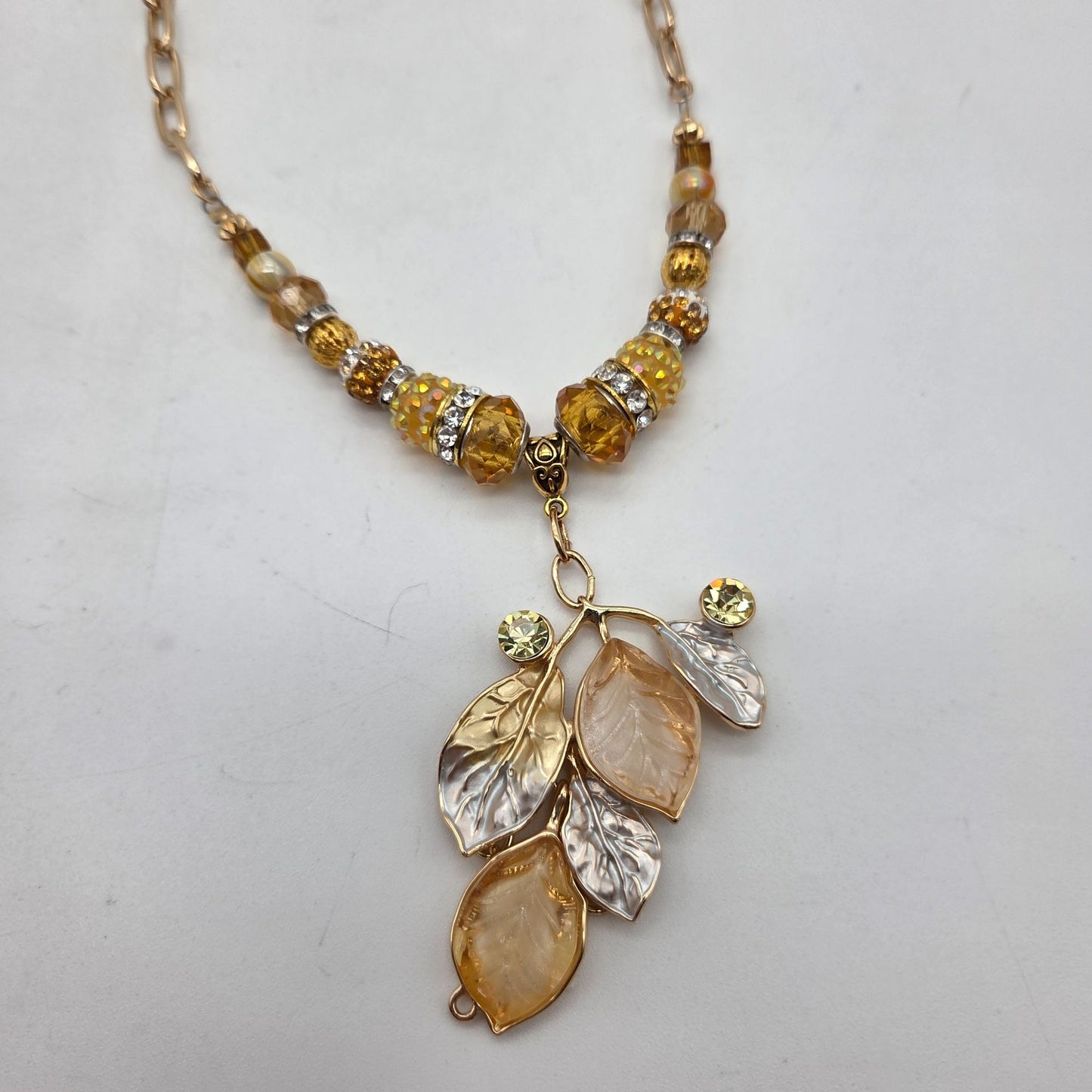 OOAK Handmade Art Glass Leaf Pendant Crystals Glass Beaded Necklace