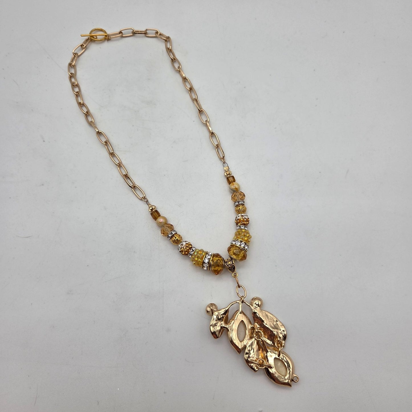 OOAK Handmade Art Glass Leaf Pendant Crystals Glass Beaded Necklace