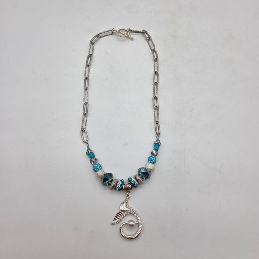 OOAK Handmade Blue Crystal Glass Beaded Necklace With Mermaid Whale Tail Pendant