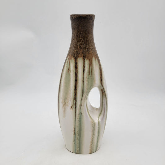 Vintage Ceramic Vase With Unique Handle Design Brown & Ivory Glazed Finish