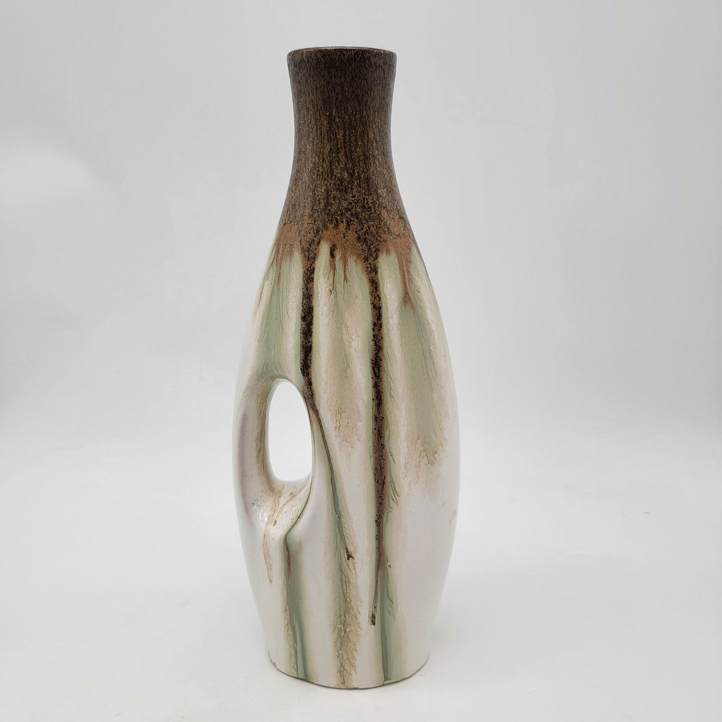 Vintage Ceramic Vase With Unique Handle Design Brown & Ivory Glazed Finish