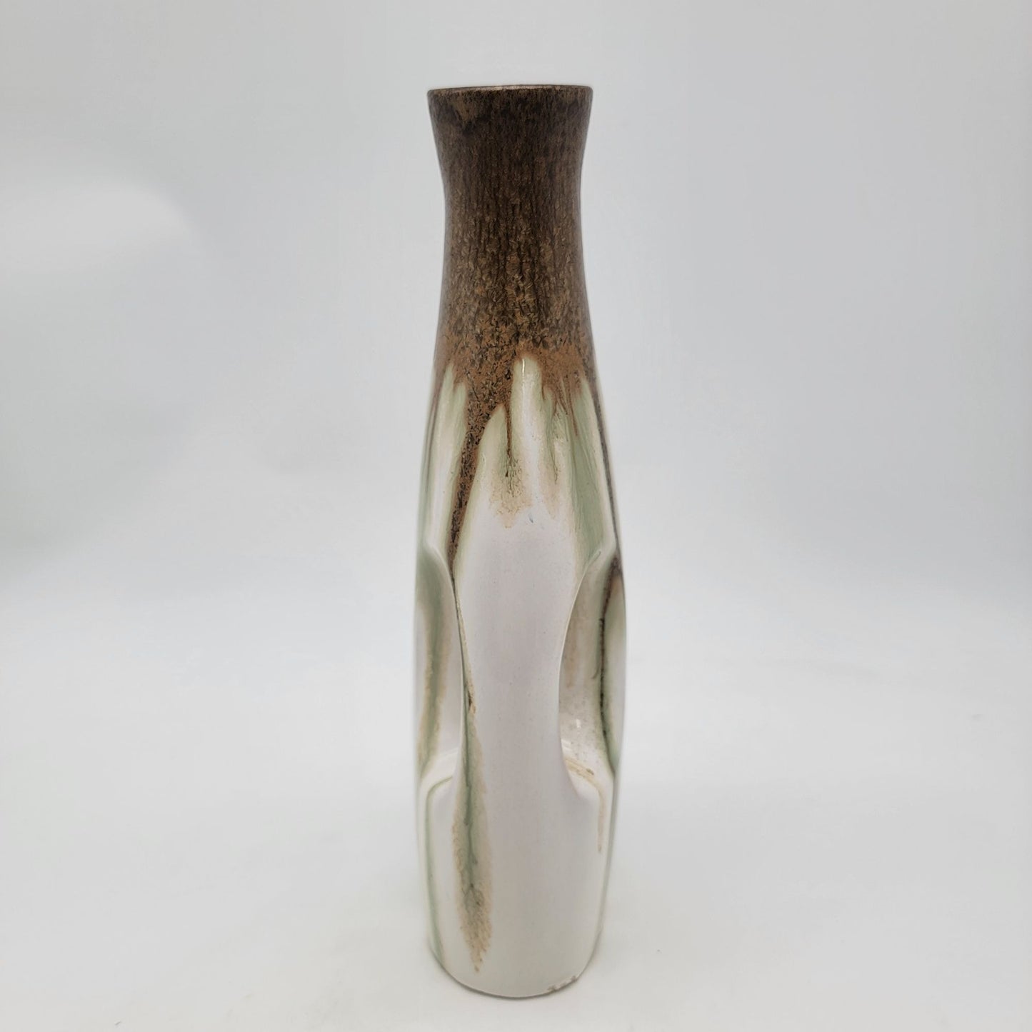 Vintage Ceramic Vase With Unique Handle Design Brown & Ivory Glazed Finish