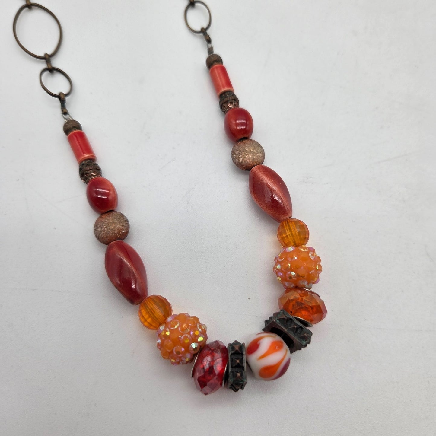 OOAK Handmade Autumn Boho Glass Statement Necklace Orange & Red