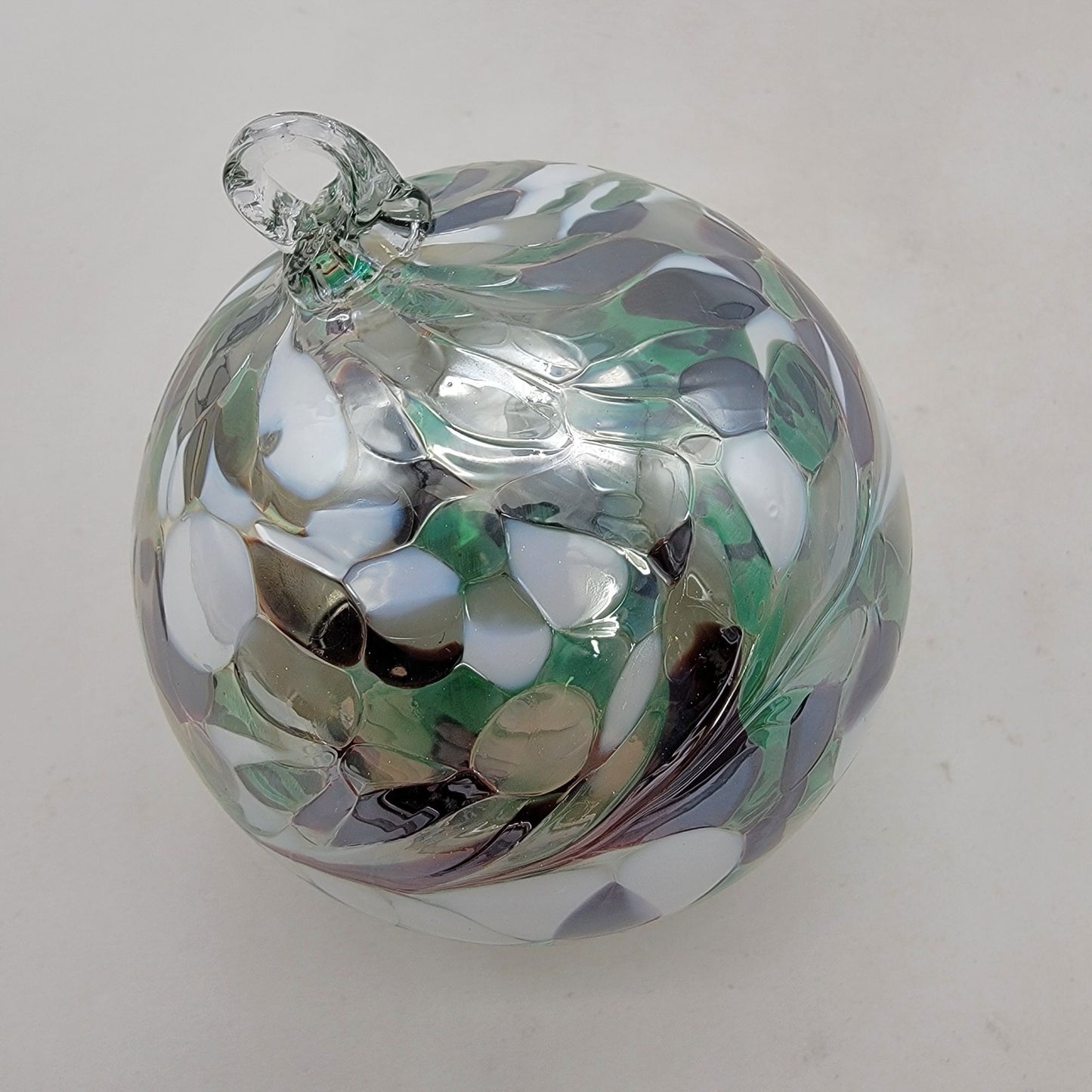 Handcrafted Anwas Art Glass Ornament  White Purple & Green Swirl