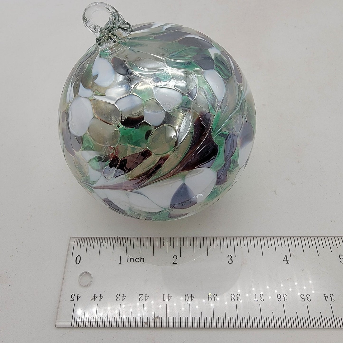 Handcrafted Anwas Art Glass Ornament  White Purple & Green Swirl