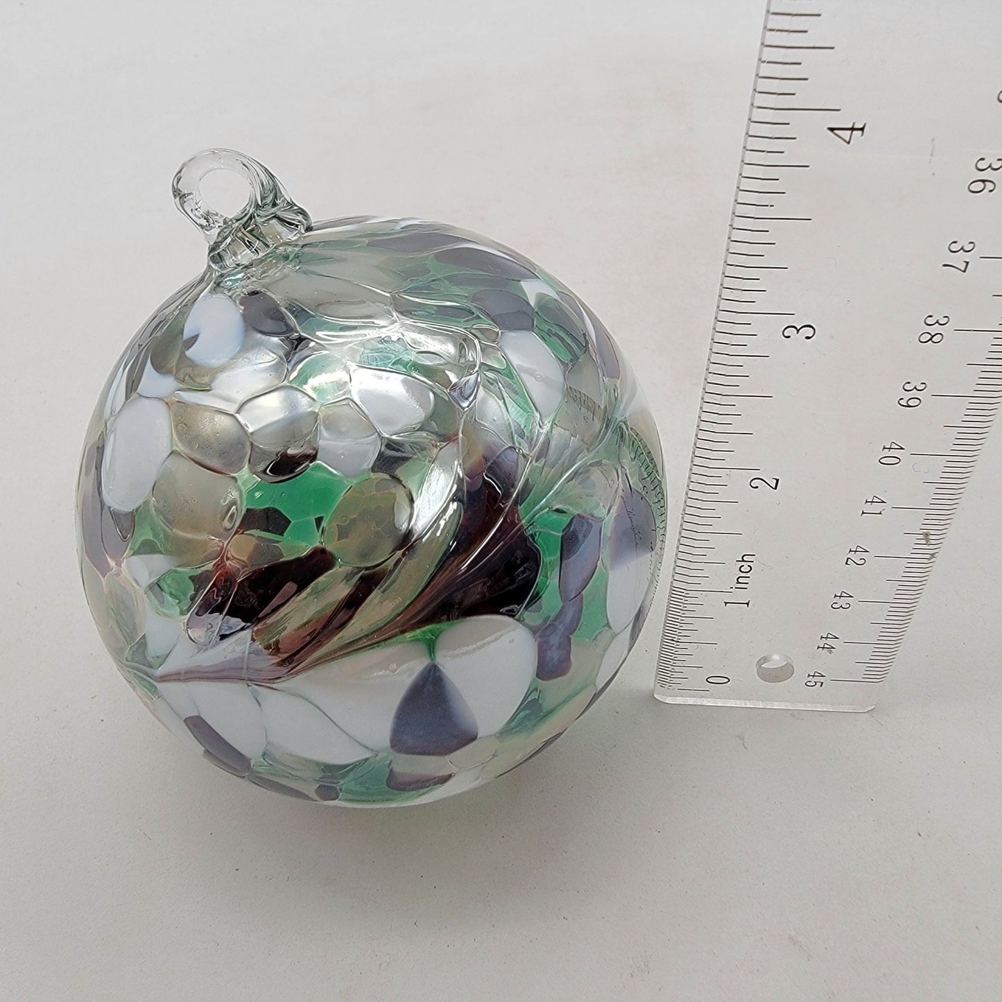 Handcrafted Anwas Art Glass Ornament  White Purple & Green Swirl