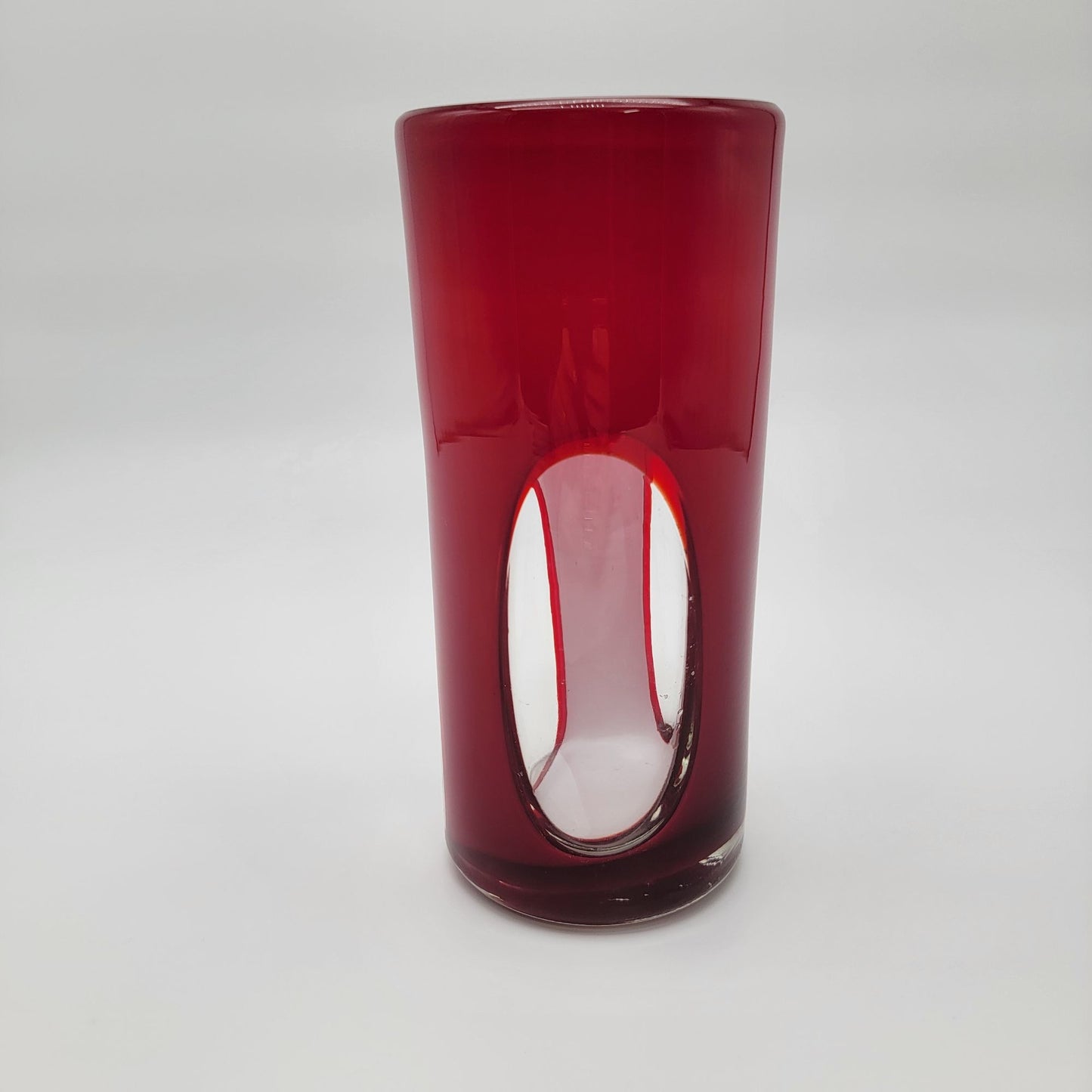 Hand Blown Red & White Cased Art Glass Vase With Abstract Cut Out Design
