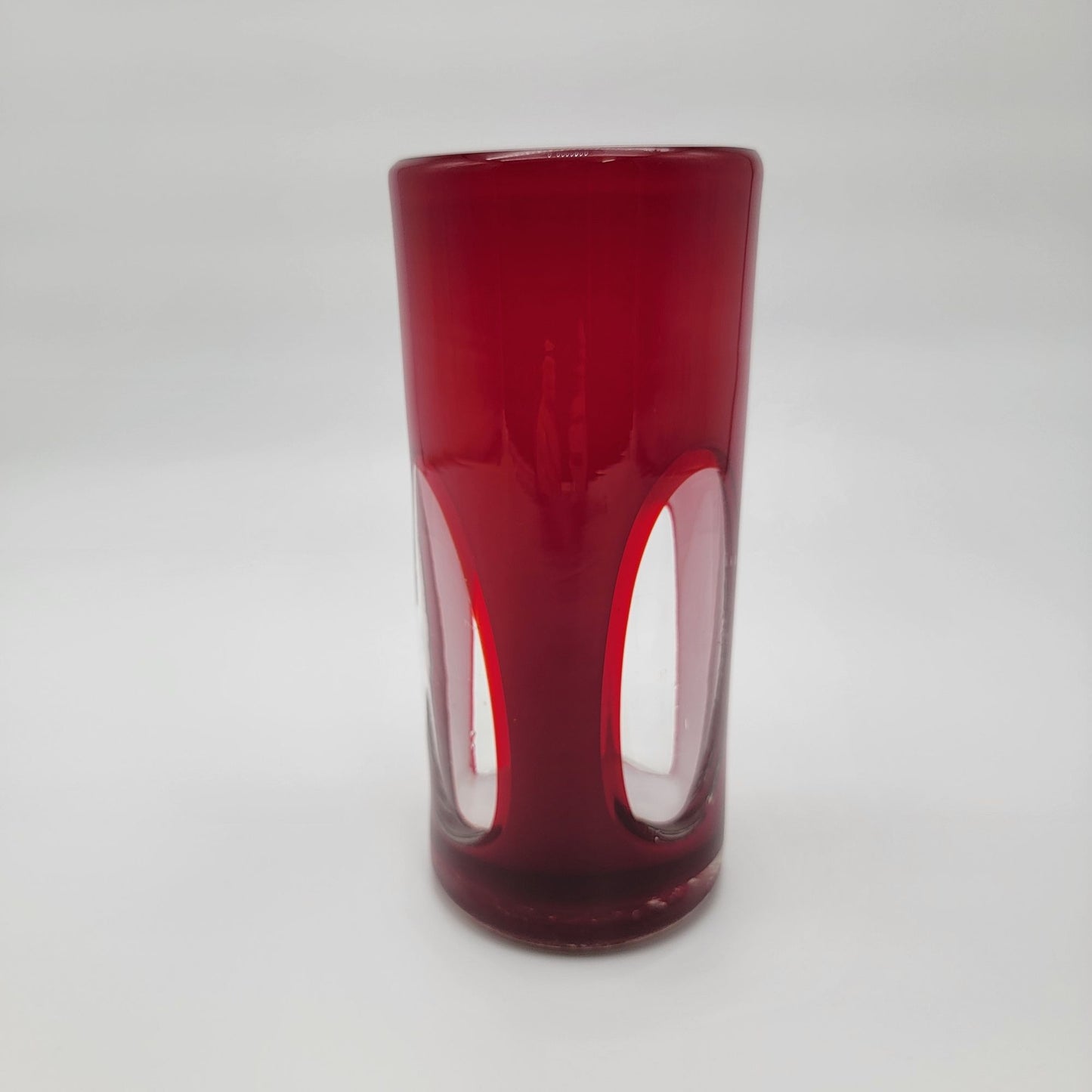 Hand Blown Red & White Cased Art Glass Vase With Abstract Cut Out Design