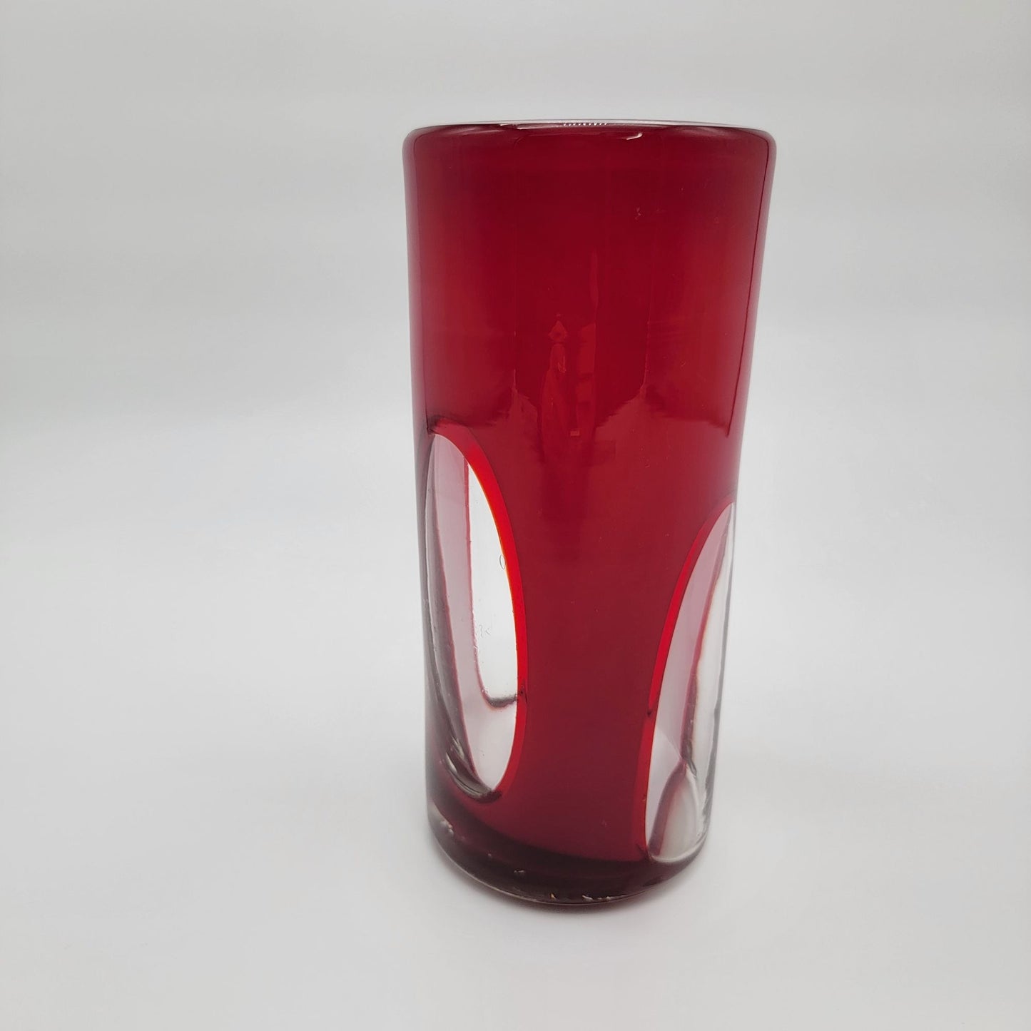 Hand Blown Red & White Cased Art Glass Vase With Abstract Cut Out Design