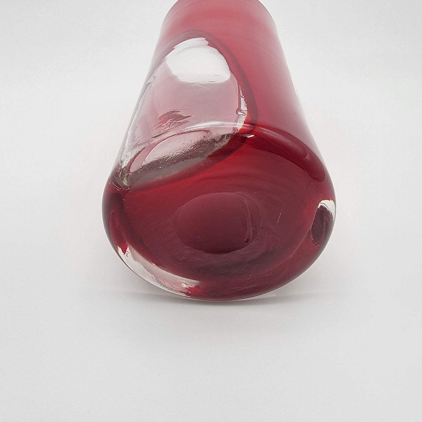 Hand Blown Red & White Cased Art Glass Vase With Abstract Cut Out Design