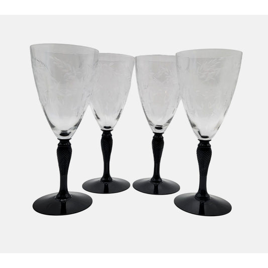 Set Of 4 Vintage Black Stem Etched Wine Glasses