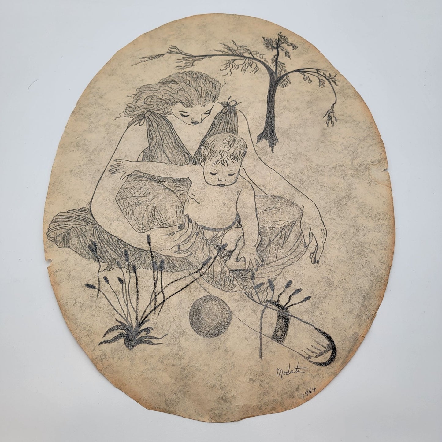 1964 Vintage Signed Modart Mother & Child Pencil Drawing