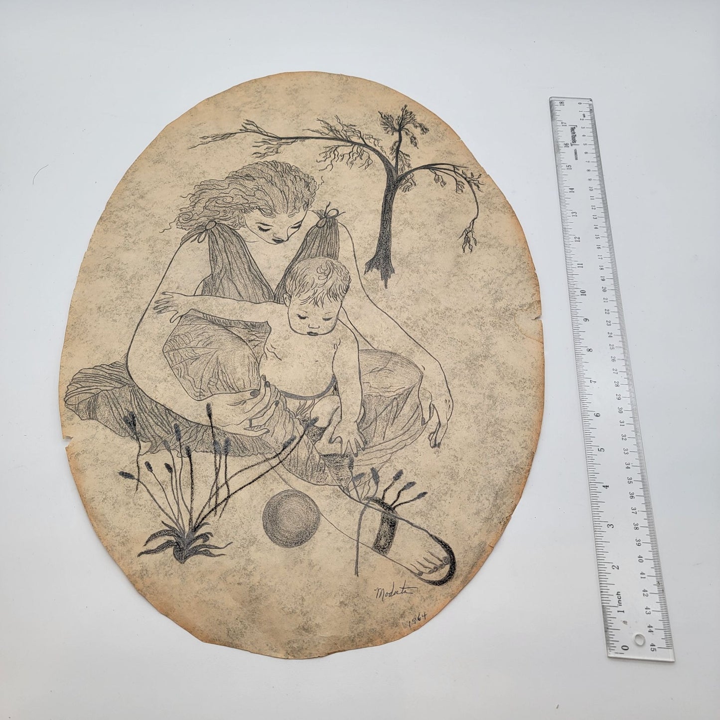 1964 Vintage Signed Modart Mother & Child Pencil Drawing