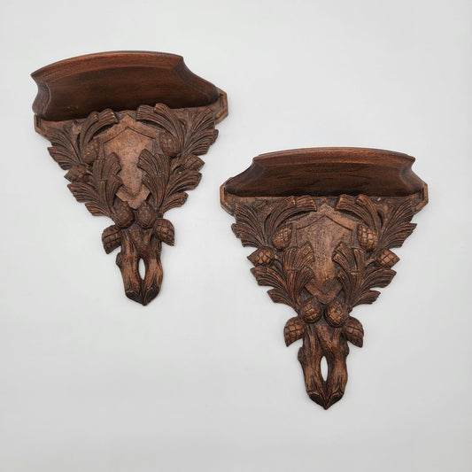 Antique Black Forest Wood Carved Thistle Wall Sconce Shelves Set Of 2