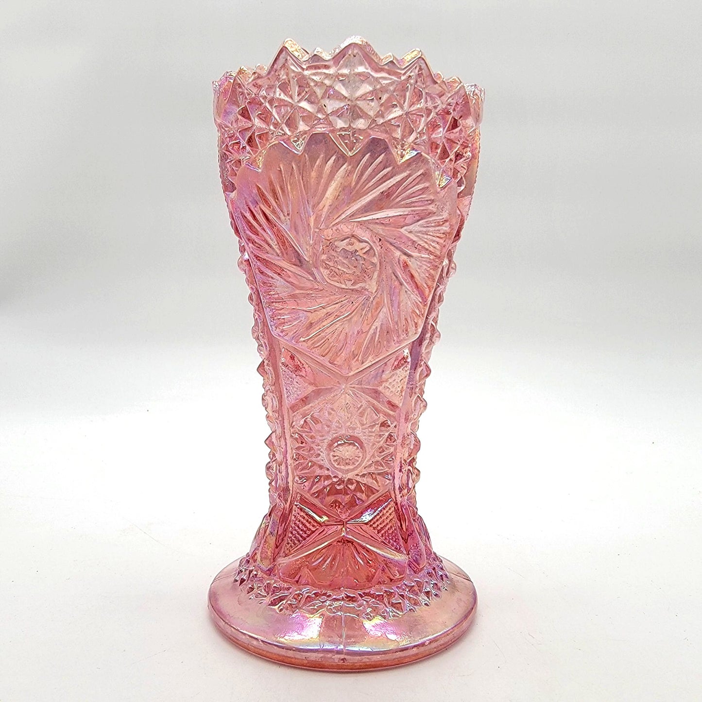 Vintage LE Smith Aztec Heritage Whirling Star Pink Carnival Glass Vase