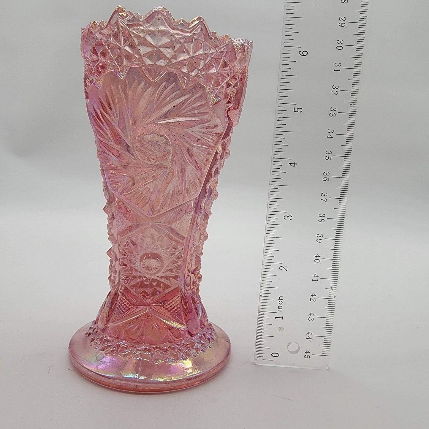 Vintage LE Smith Aztec Heritage Whirling Star Pink Carnival Glass Vase