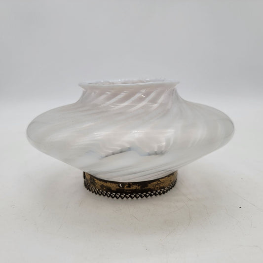 Antique Mt. Washington Opalescent White Swirl Optic Glass Vase With Decorative Metal Band Base