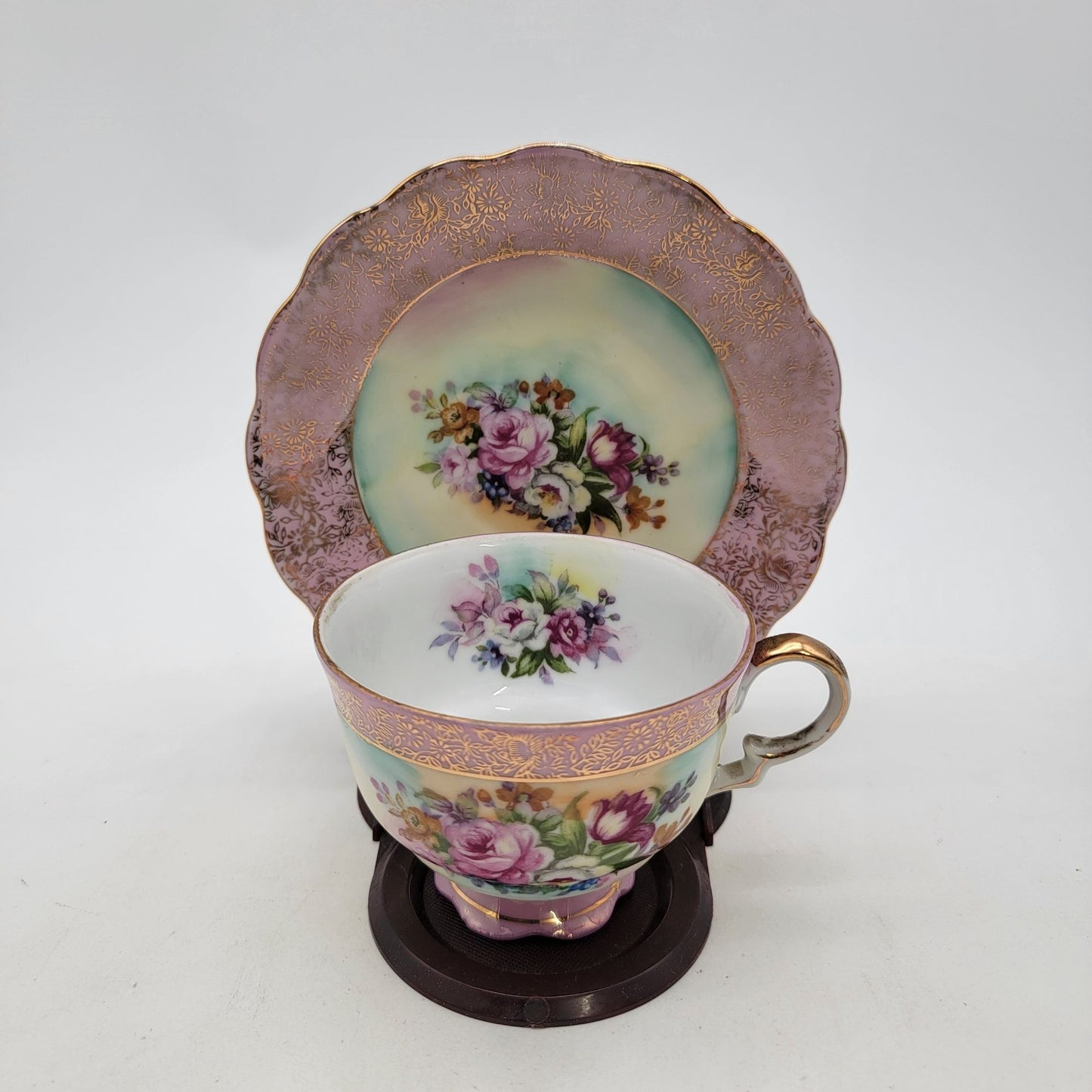 Antique Tea Cup & Saucer Pink Floral & Gold Gilded Details