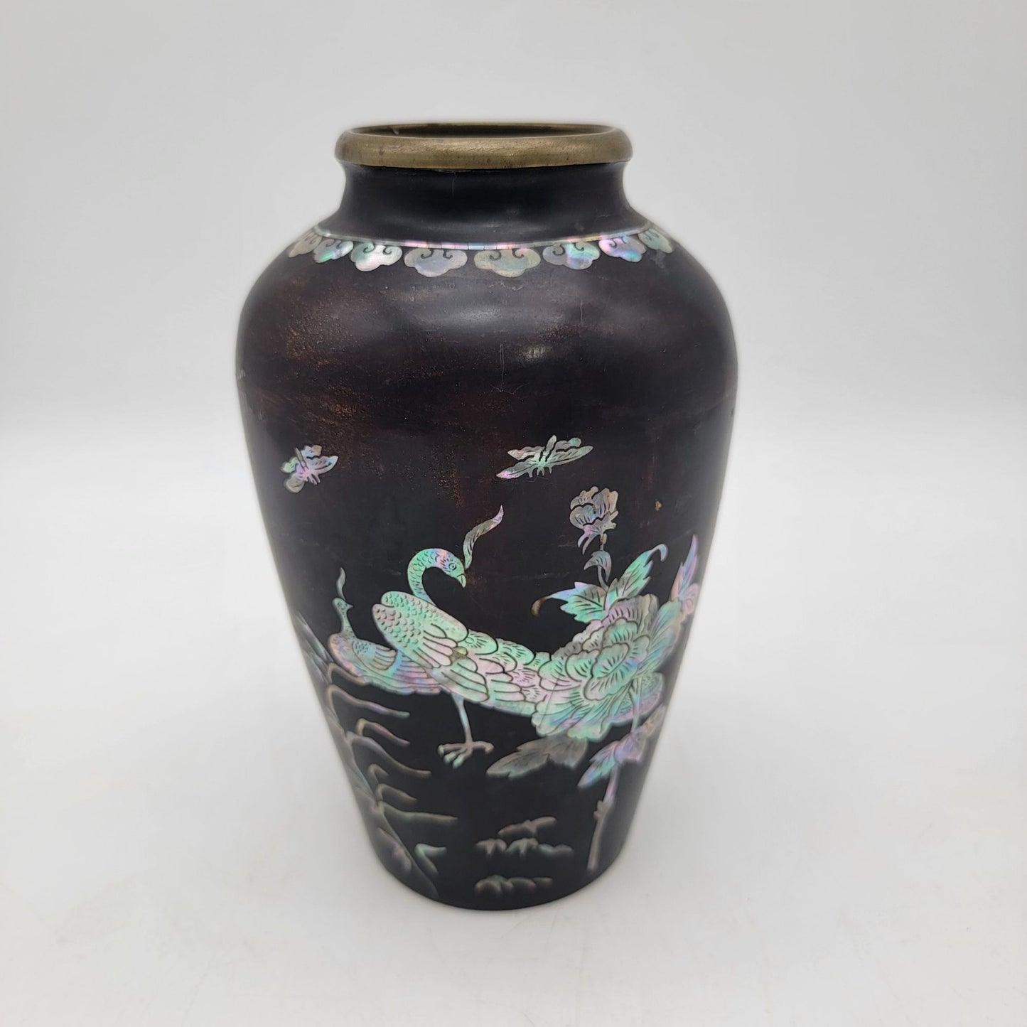 Antique Black Lacquer Vase With Mother Of Pearl Inlay & Brass Rim Featuring Peacock Design