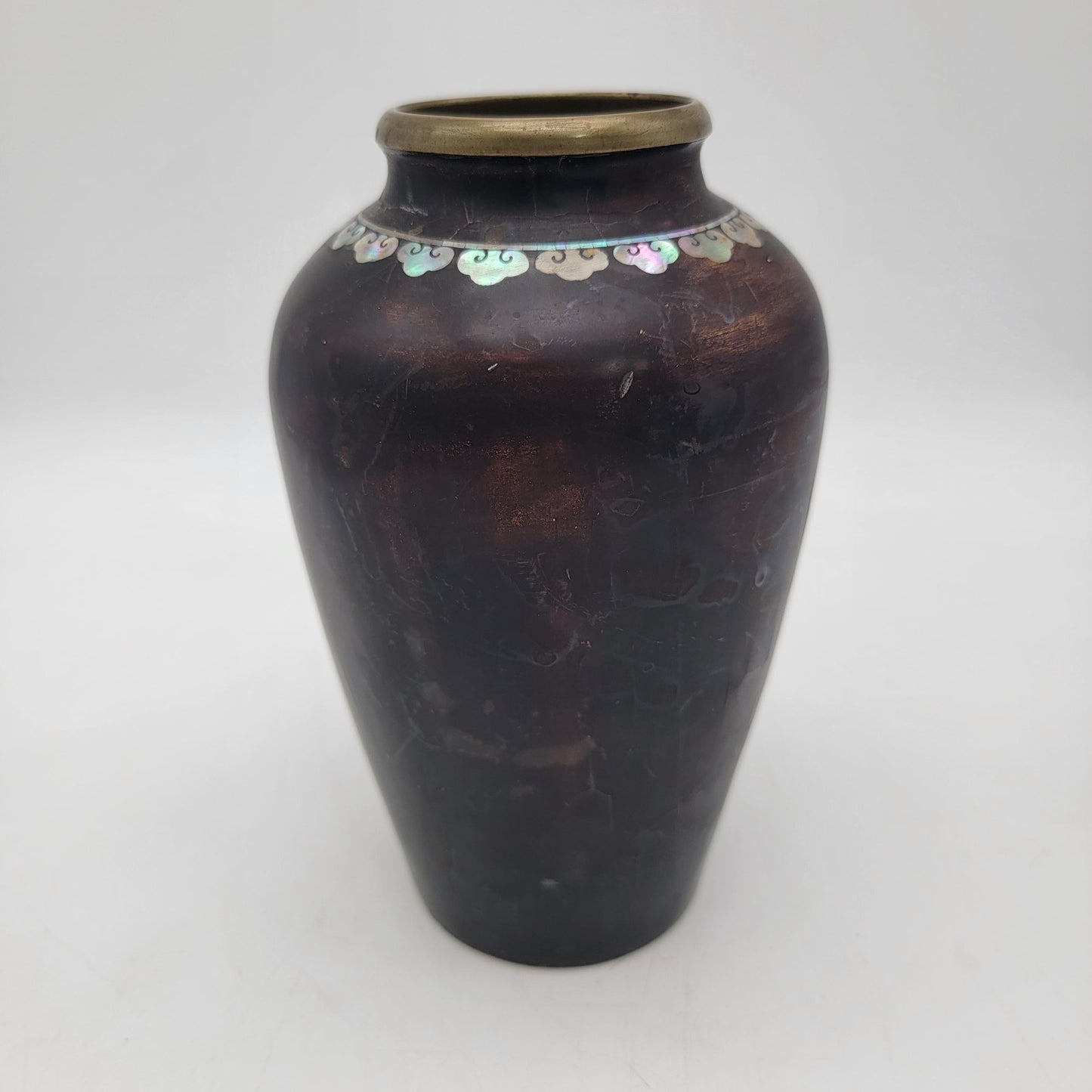 Antique Black Lacquer Vase With Mother Of Pearl Inlay & Brass Rim Featuring Peacock Design