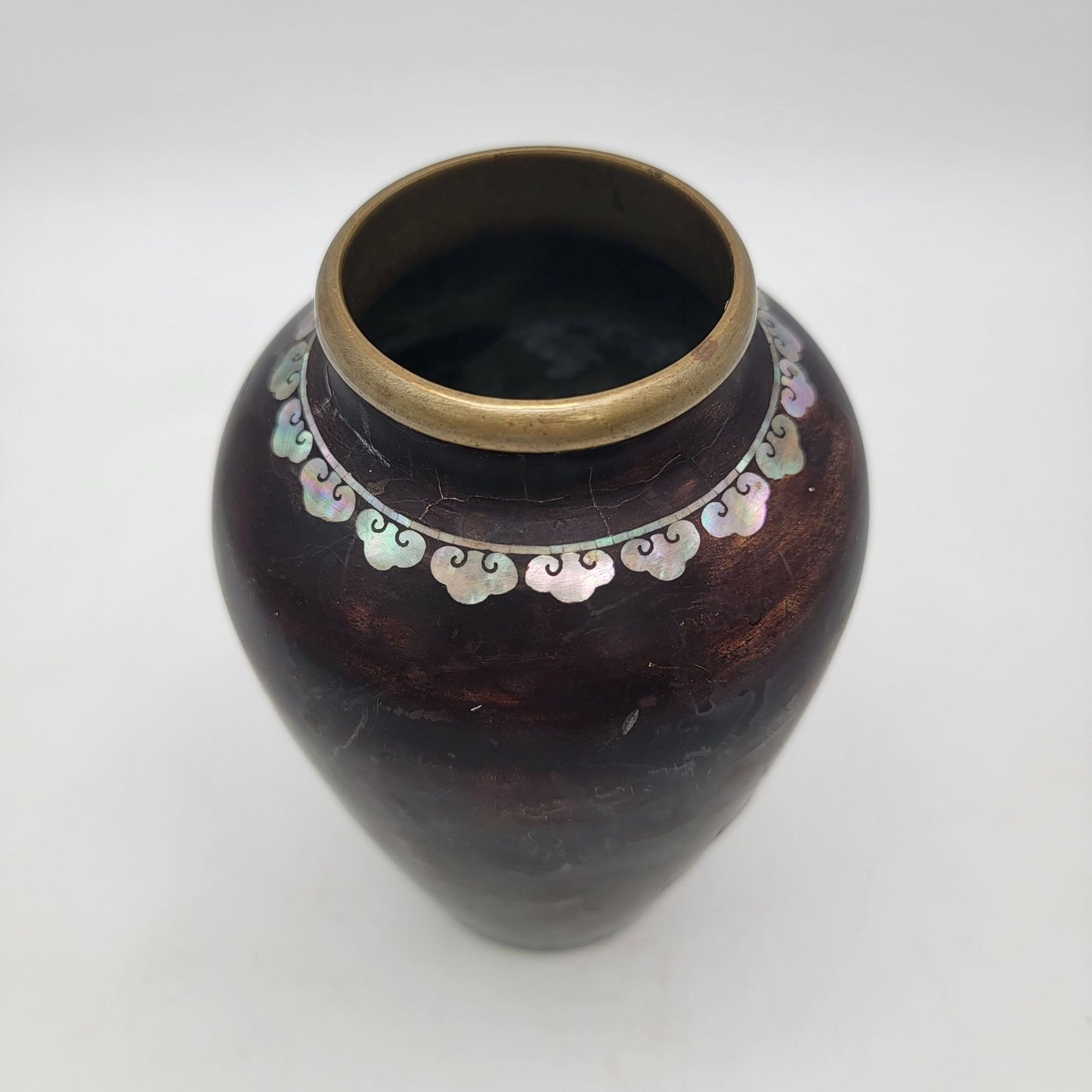 Antique Black Lacquer Vase With Mother Of Pearl Inlay & Brass Rim Featuring Peacock Design