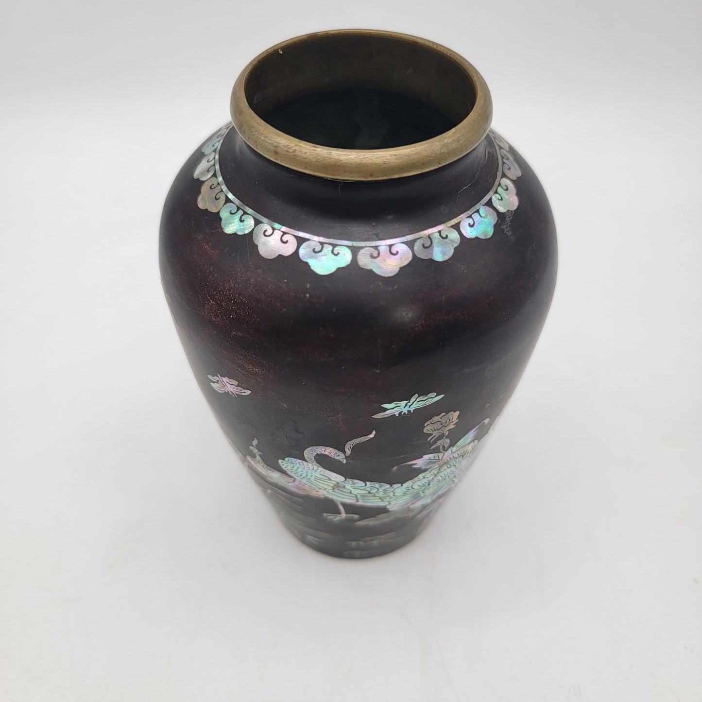 Antique Black Lacquer Vase With Mother Of Pearl Inlay & Brass Rim Featuring Peacock Design