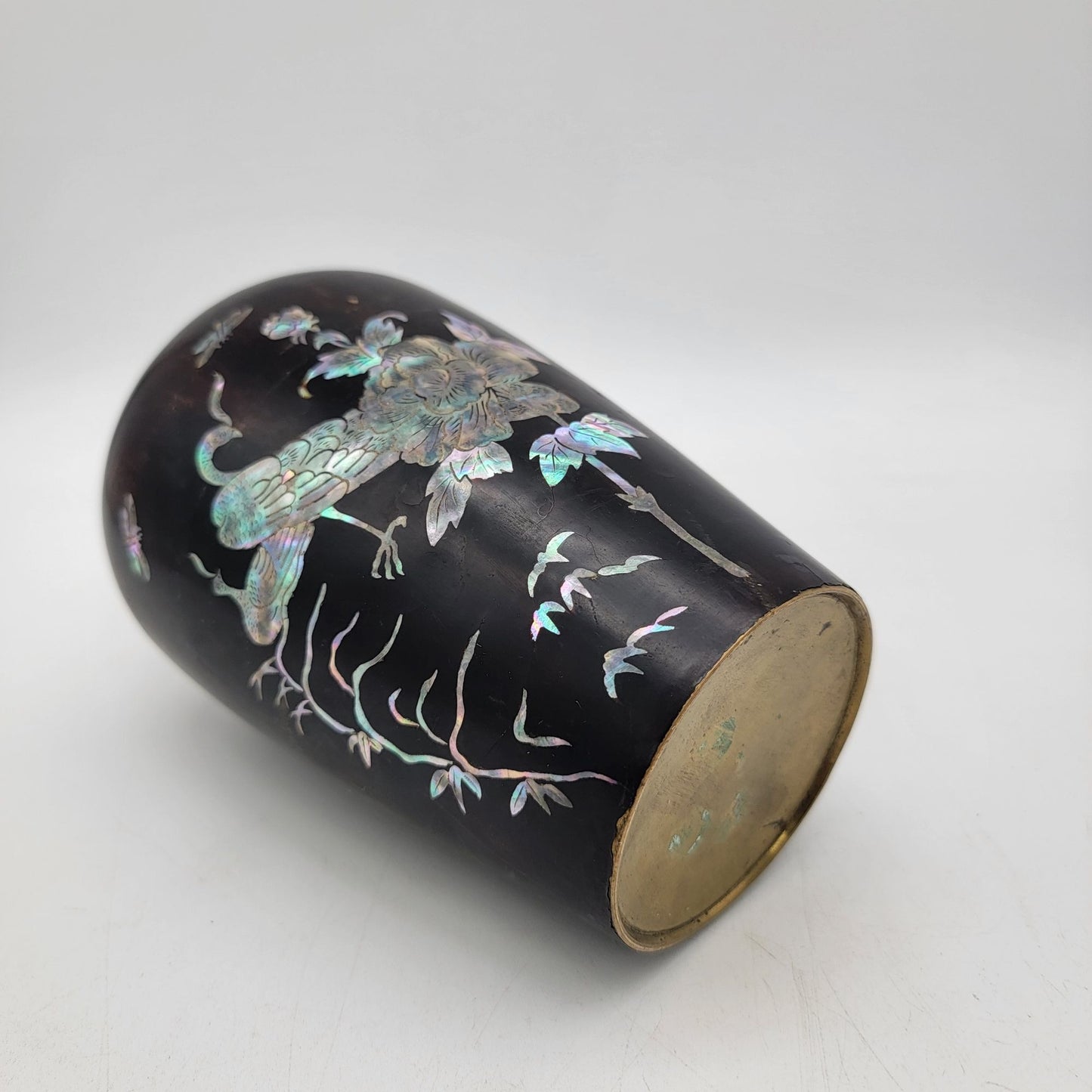 Antique Black Lacquer Vase With Mother Of Pearl Inlay & Brass Rim Featuring Peacock Design