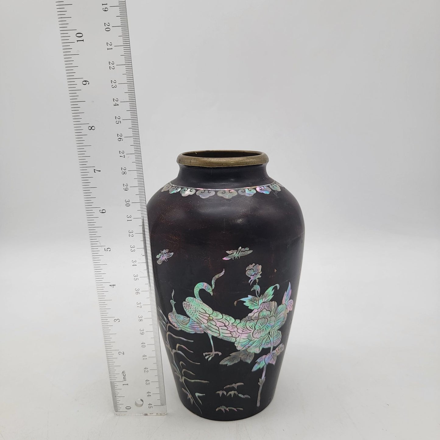 Antique Black Lacquer Vase With Mother Of Pearl Inlay & Brass Rim Featuring Peacock Design