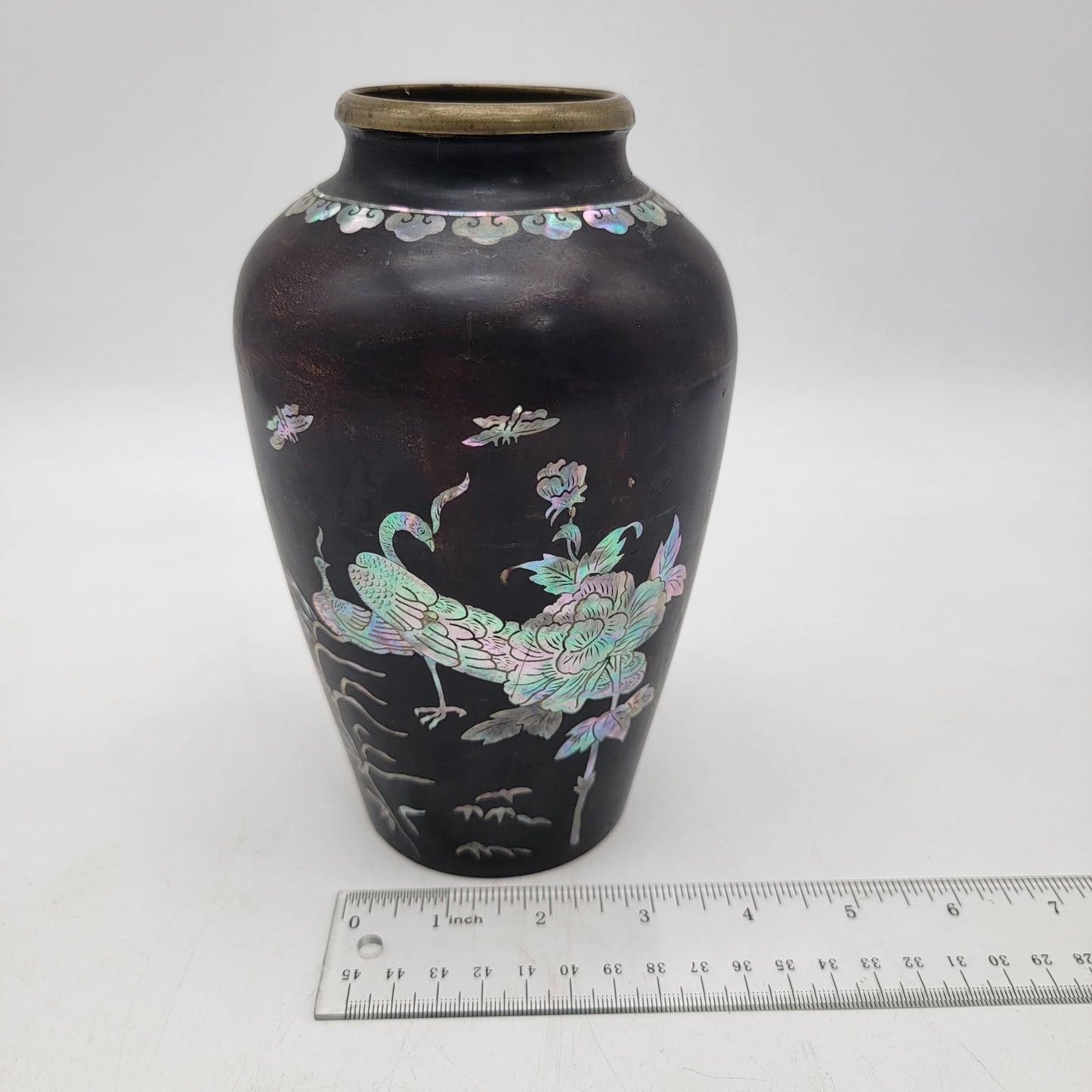 Antique Black Lacquer Vase With Mother Of Pearl Inlay & Brass Rim Featuring Peacock Design