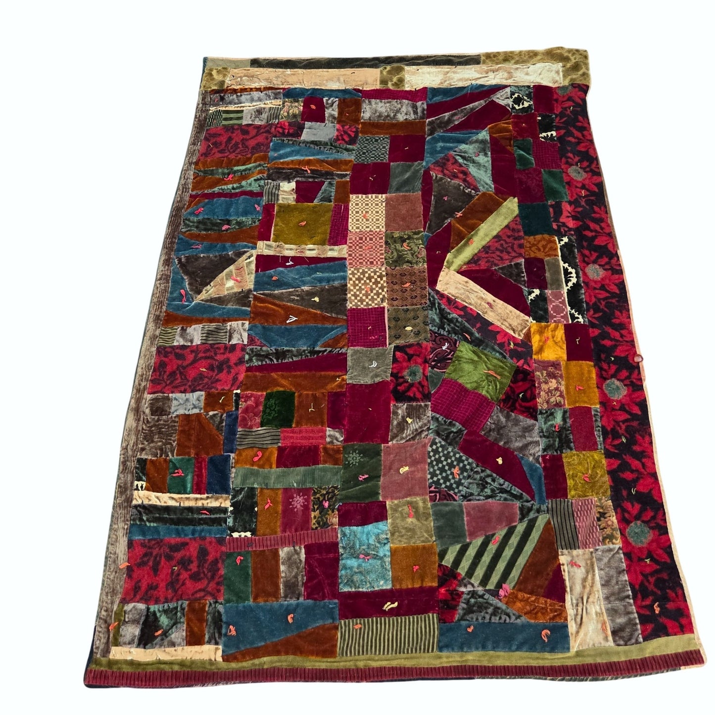 Antique Velvet Crazy Quilt Patchwork Twin Size