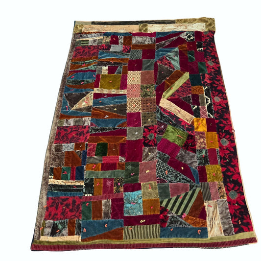 Antique Velvet Crazy Quilt Patchwork Twin Size