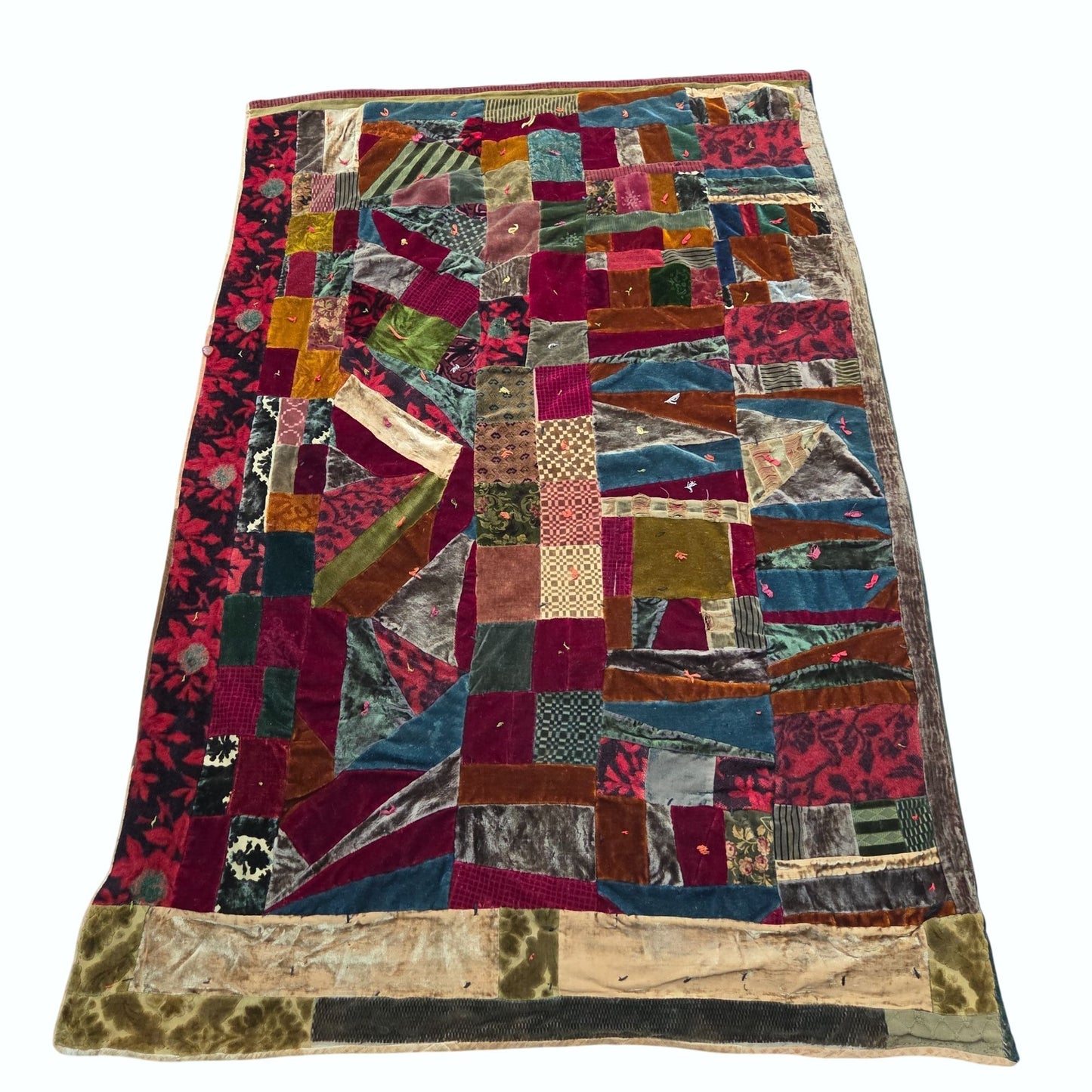 Antique Velvet Crazy Quilt Patchwork Twin Size