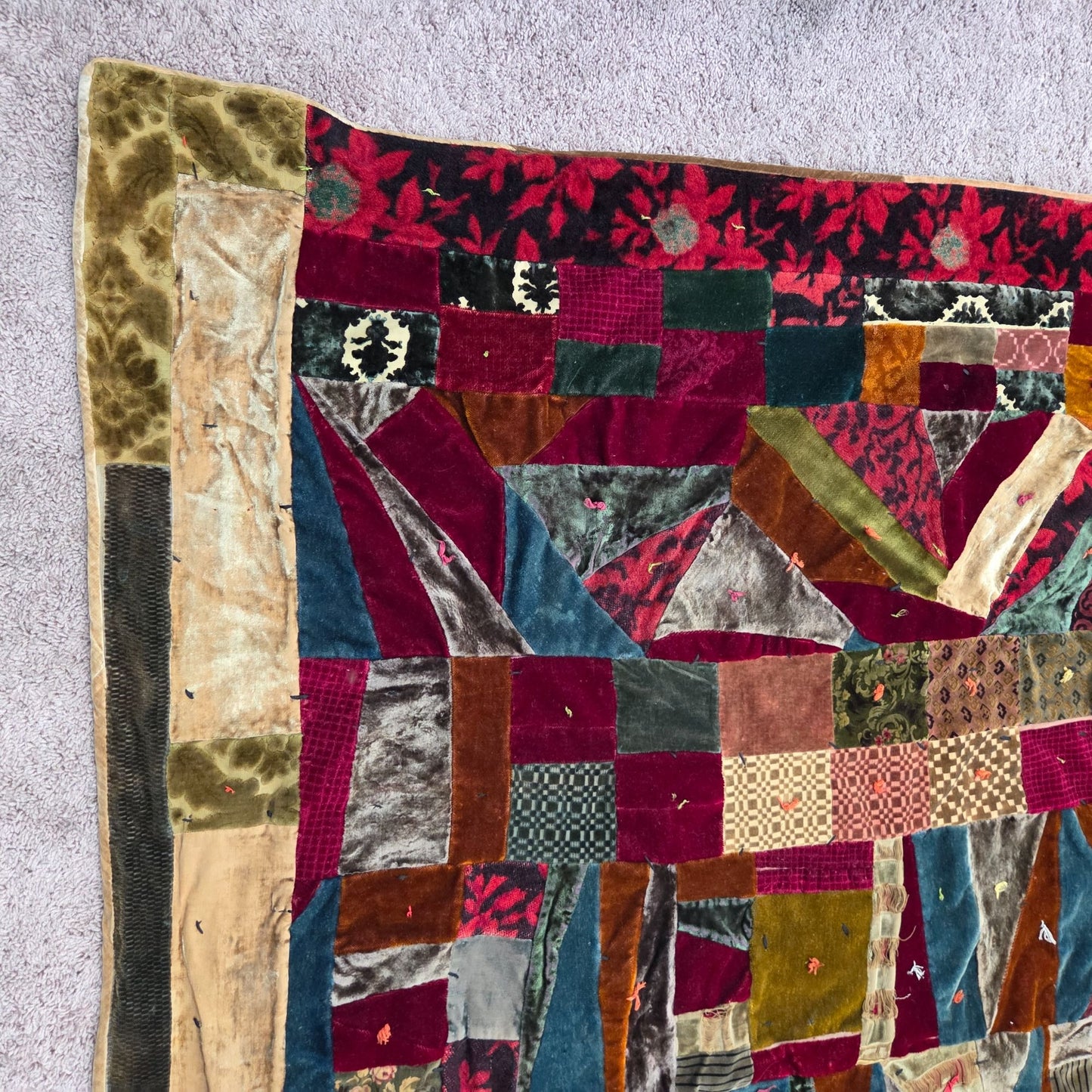 Antique Velvet Crazy Quilt Patchwork Twin Size