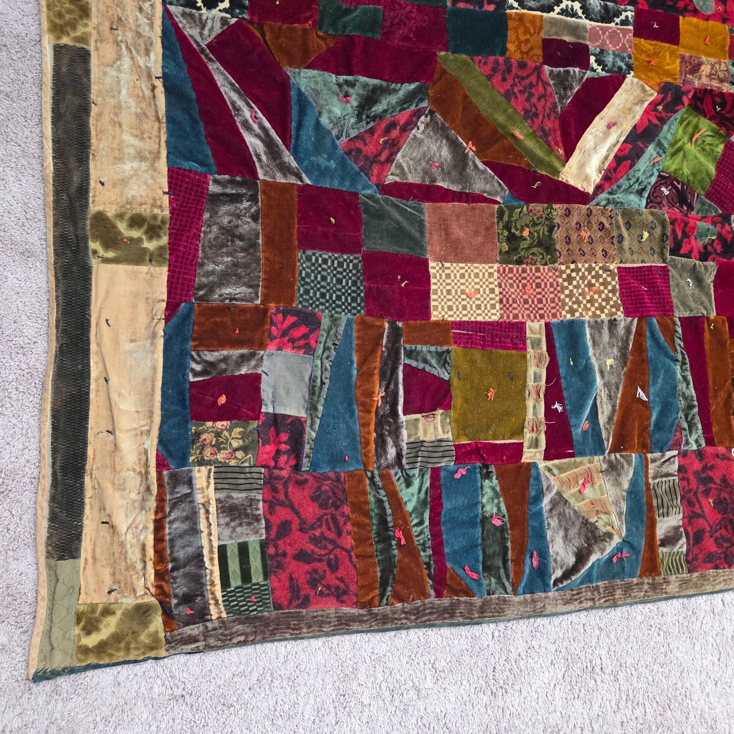 Antique Velvet Crazy Quilt Patchwork Twin Size