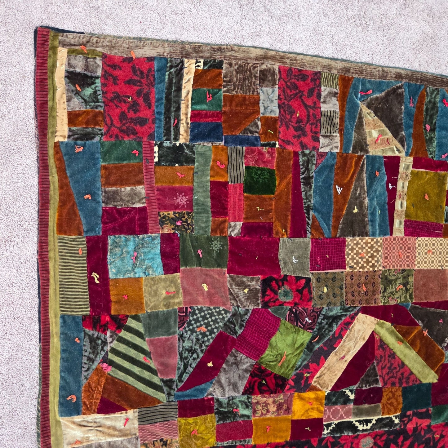 Antique Velvet Crazy Quilt Patchwork Twin Size