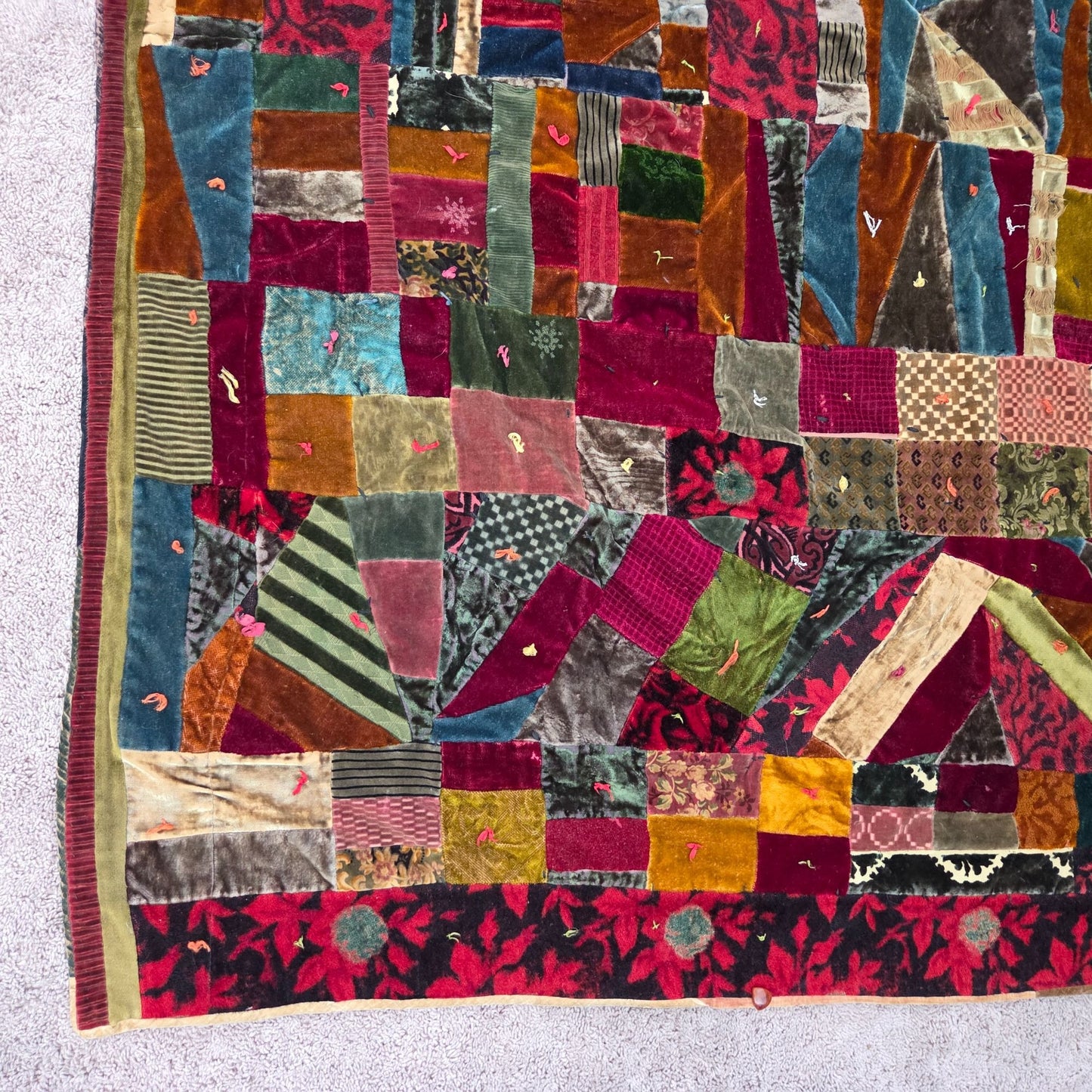 Antique Velvet Crazy Quilt Patchwork Twin Size