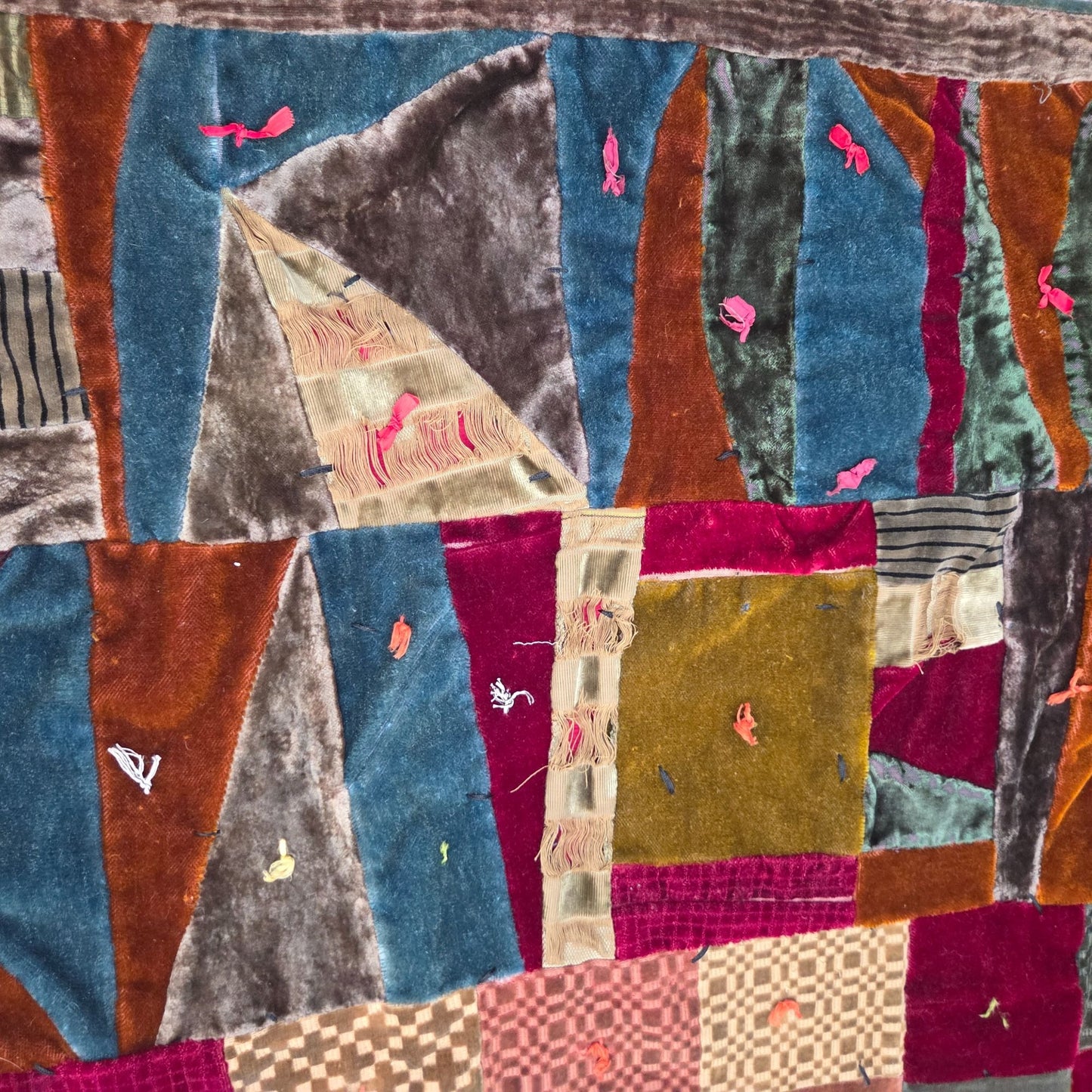 Antique Velvet Crazy Quilt Patchwork Twin Size