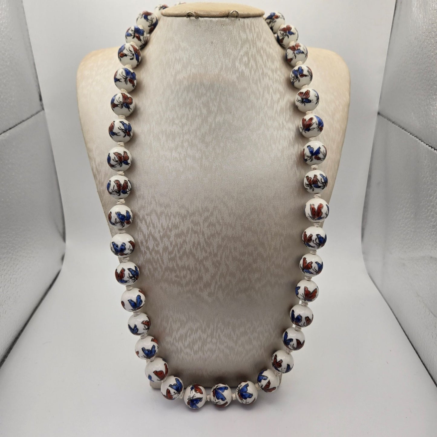 Porcelain Hand Painted Butterfly Beaded Necklace Vermeil Clasp