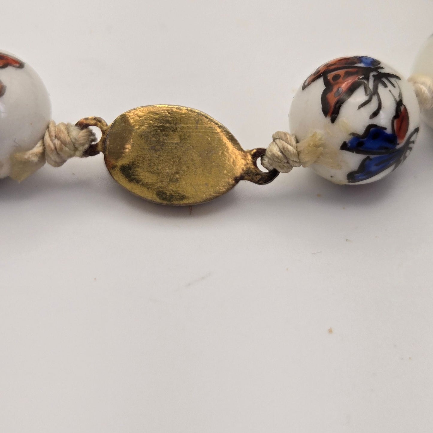 Porcelain Hand Painted Butterfly Beaded Necklace Vermeil Clasp