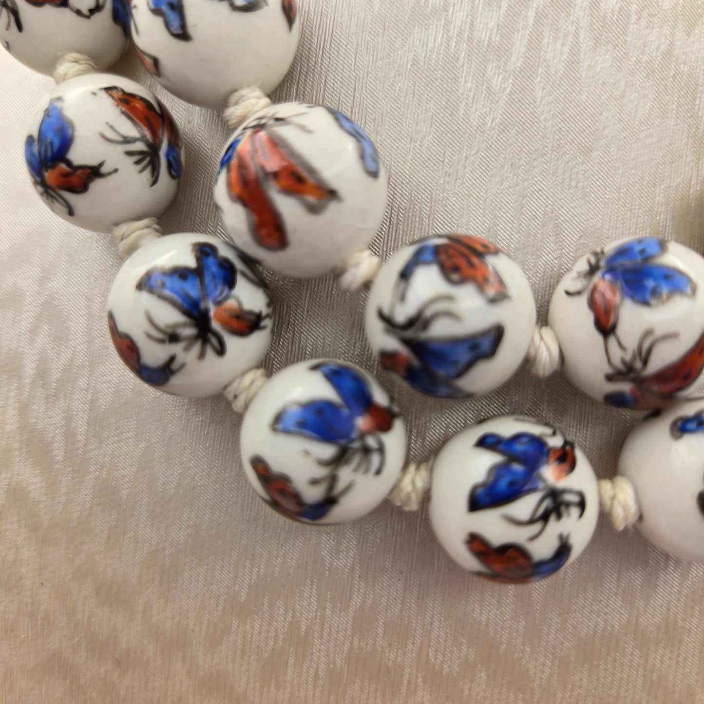 Porcelain Hand Painted Butterfly Beaded Necklace Vermeil Clasp