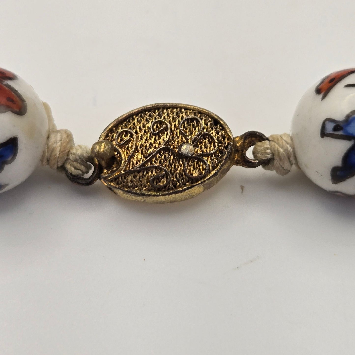 Porcelain Hand Painted Butterfly Beaded Necklace Vermeil Clasp