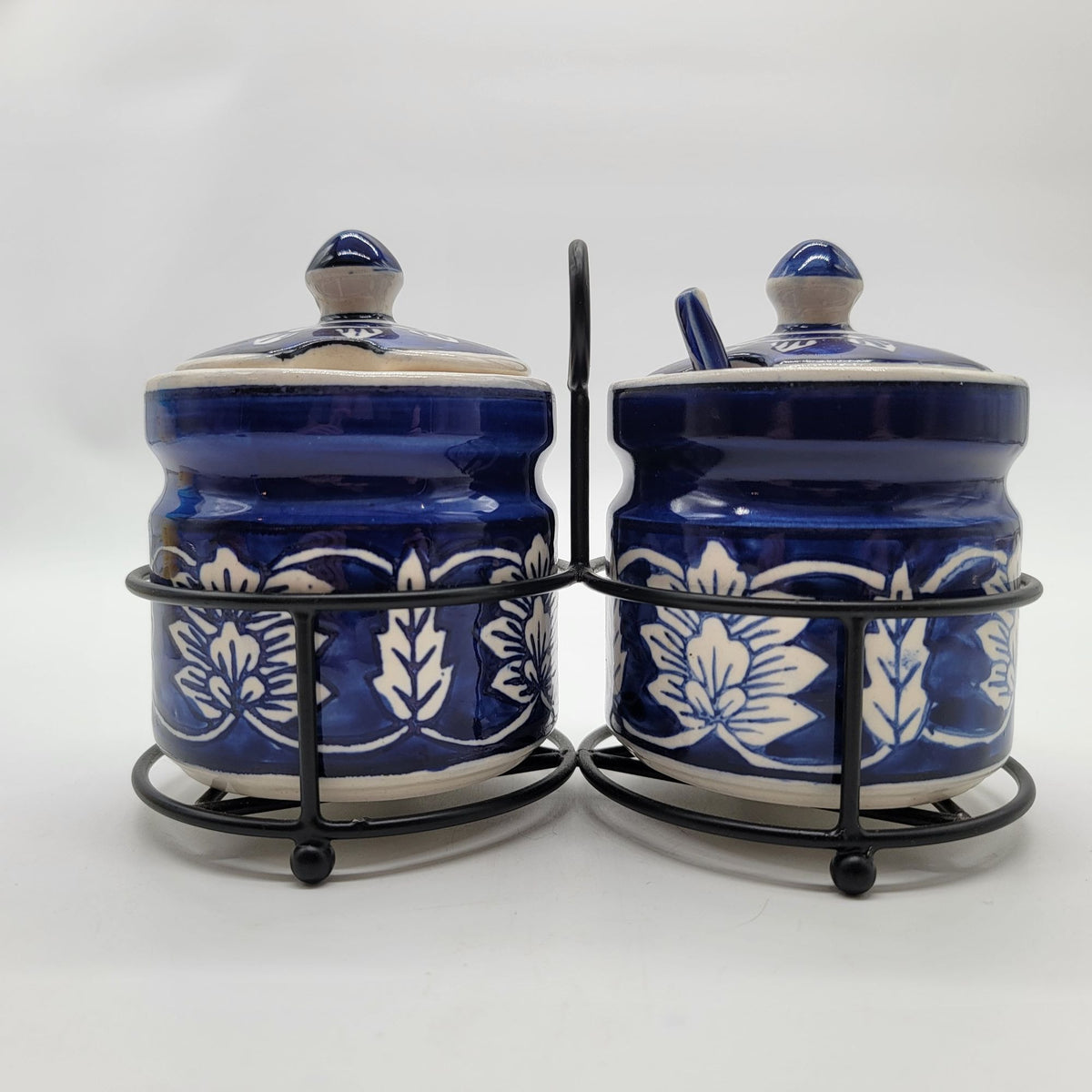 Vintage Blue & White Floral Condiment Jar Set