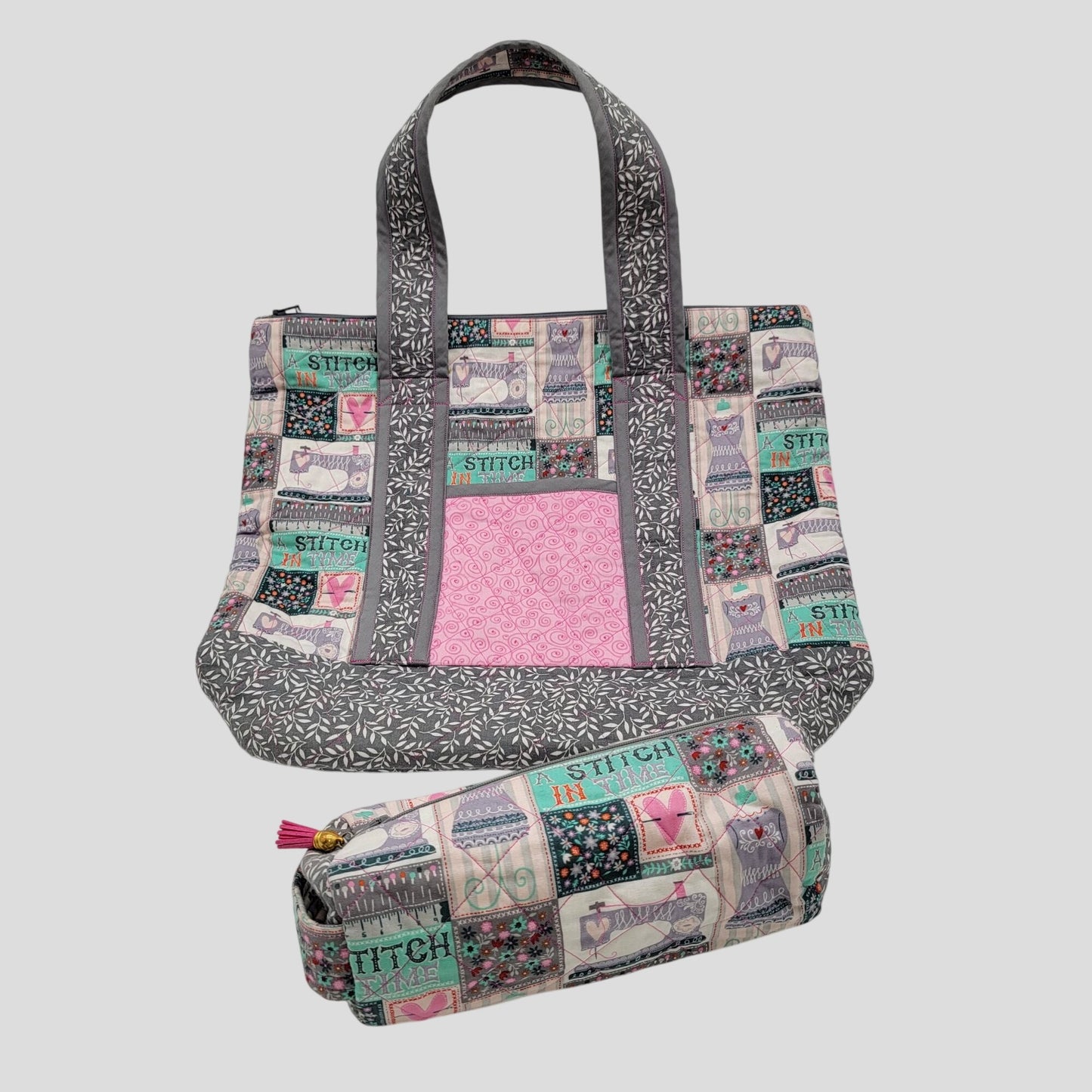 Handmade Quilted Carry-All Sewing Tote Bag With Matching Pouch