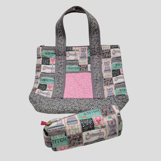 Handmade Quilted Carry-All Sewing Tote Bag With Matching Pouch