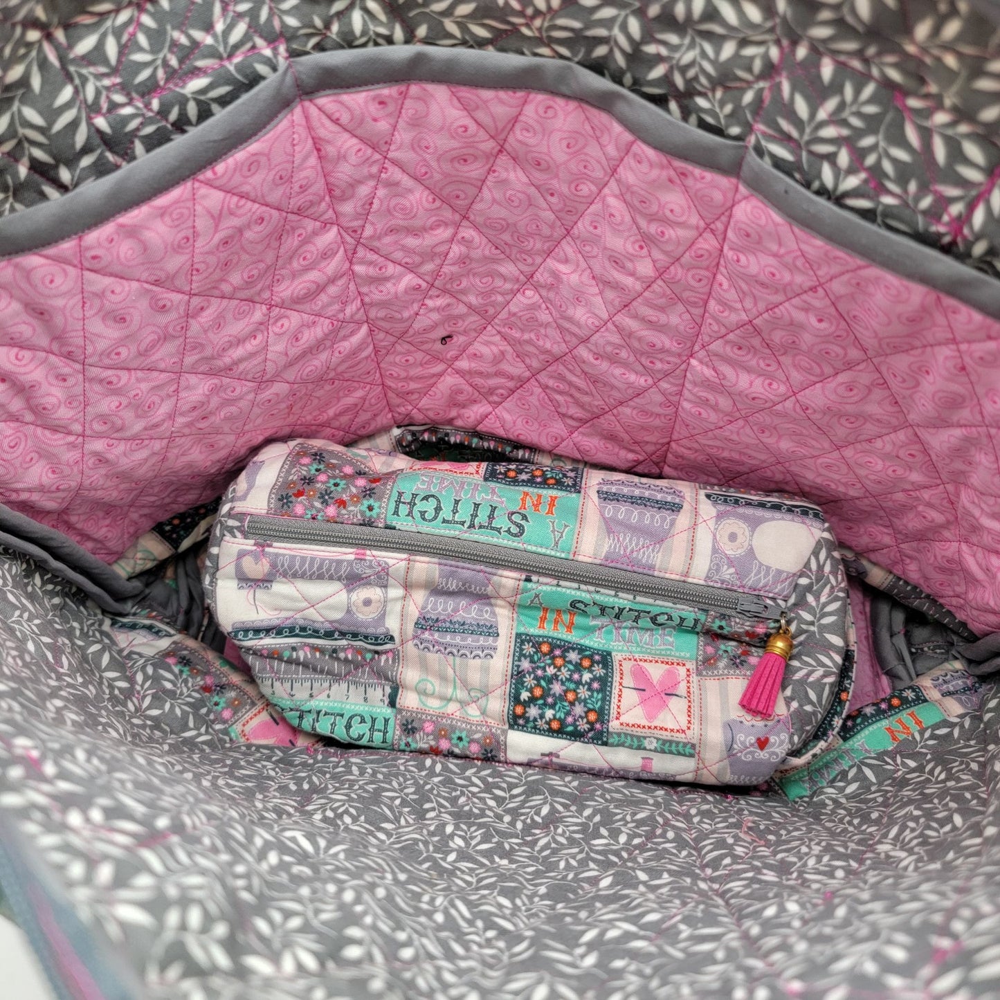 Handmade Quilted Carry-All Sewing Tote Bag With Matching Pouch